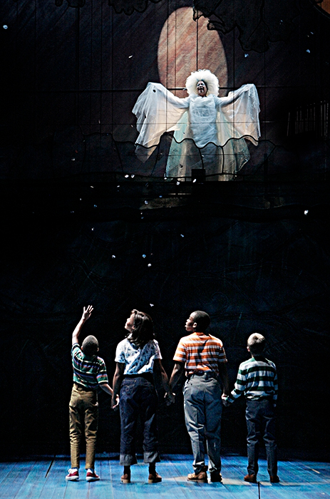 Aimee K. Bryant as The Moon, Zadir King as Joe Thibodeaux, Nikki Renée Daniels as Emmie Thibodeaux, Jackson M. Hurst as Jackie Thibodeaux and Noah Coon as Noah Gellman in Caroline, or Change at the GuthrieTheatre. Photo by Michal Daniel.
