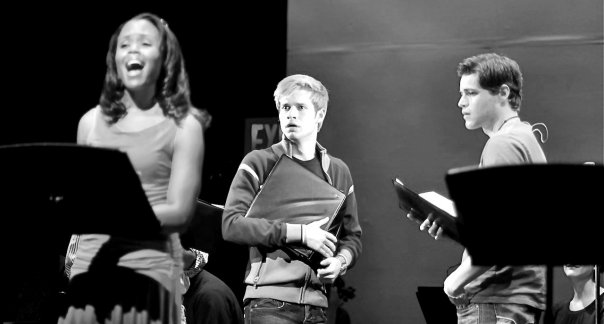 Nikki Renée Daniels, Hunter Ryan Herdlicka and Jeremy Jordan performing at a reading of The Greenwood Tree.
